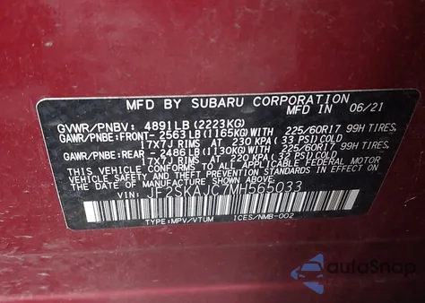 2021 Subaru Forester Premium из США, поврежденный, VIN JF2SKAJC7MH565033
